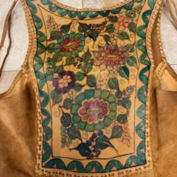 70s Char Leather & Suede Hand Painted Floral Vest Hippie Boho Bohemian Woodstock - Picture 7 of 9